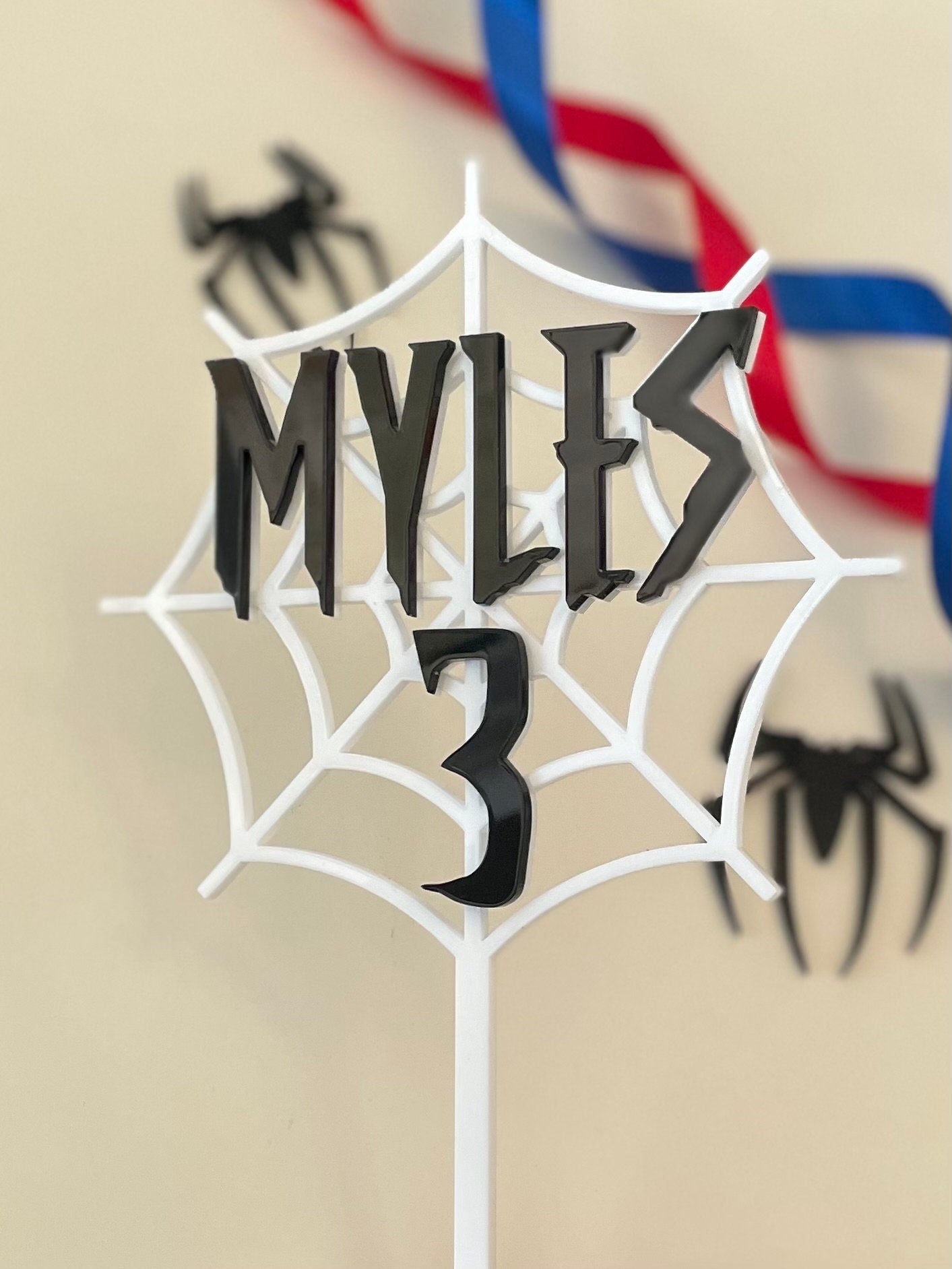 Spider web and spider topper set. Acrylic. Perfect for a spider man fan. Black and white acrylic cake topper set