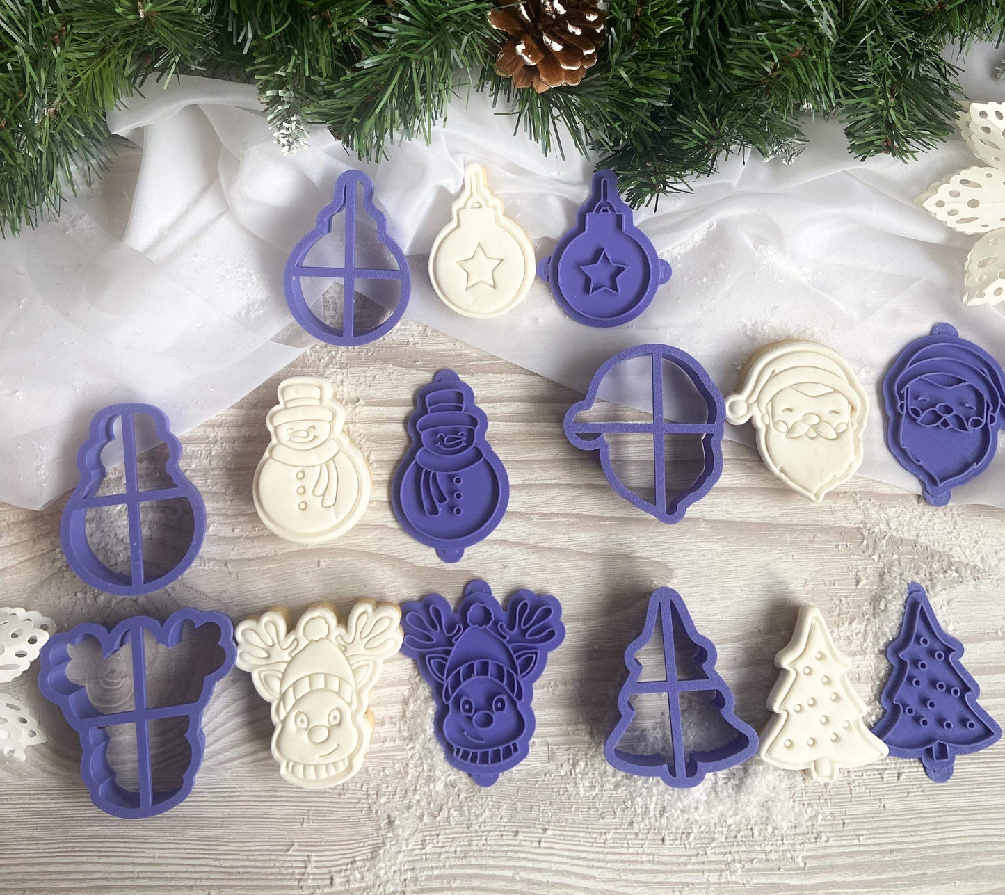 Christmas cookie stamps and cutters. Santa, Reindeer, Christmas tree, bauble, snowman. PYO cookies.