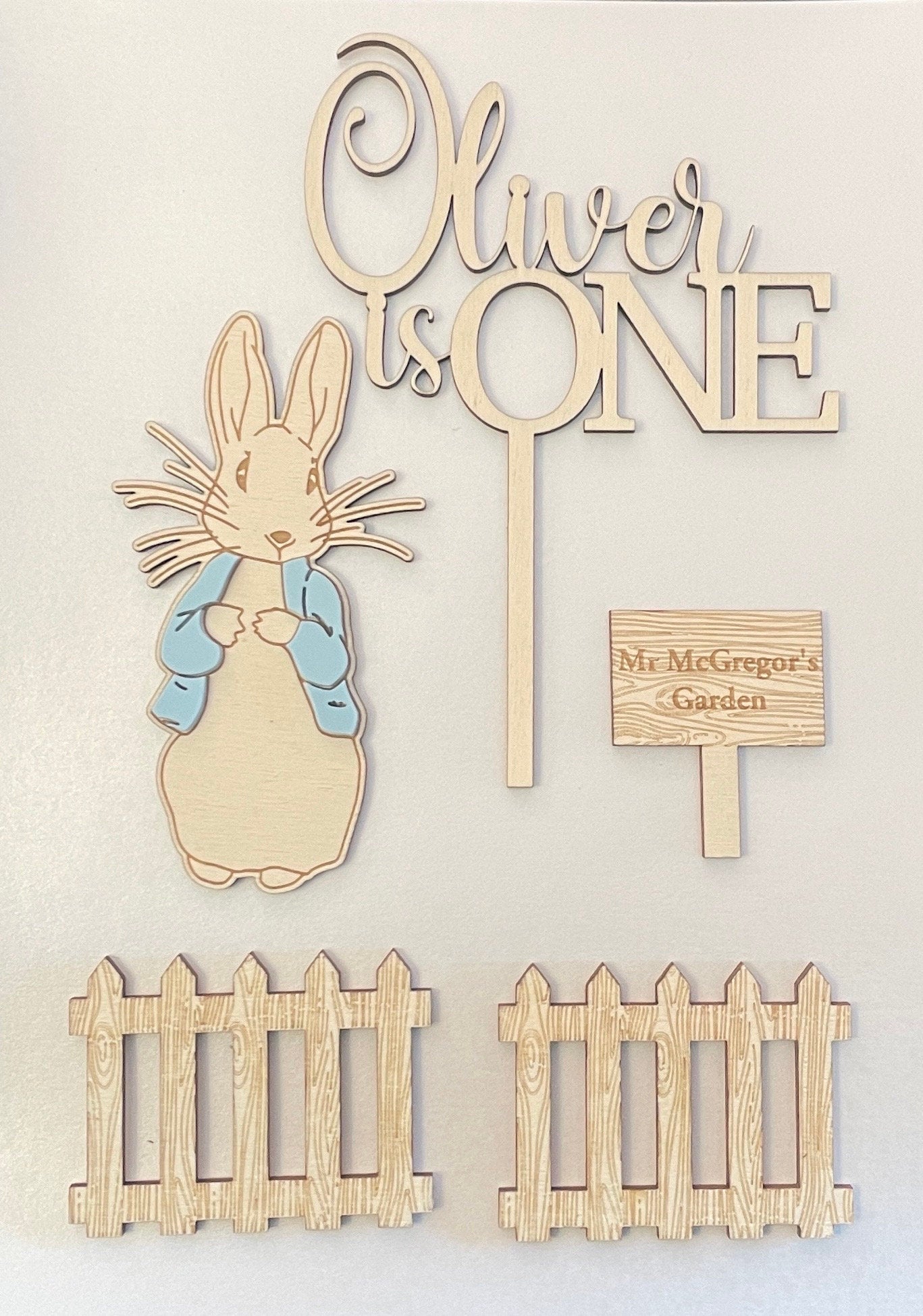 Wooden Rabbit cake topper set.