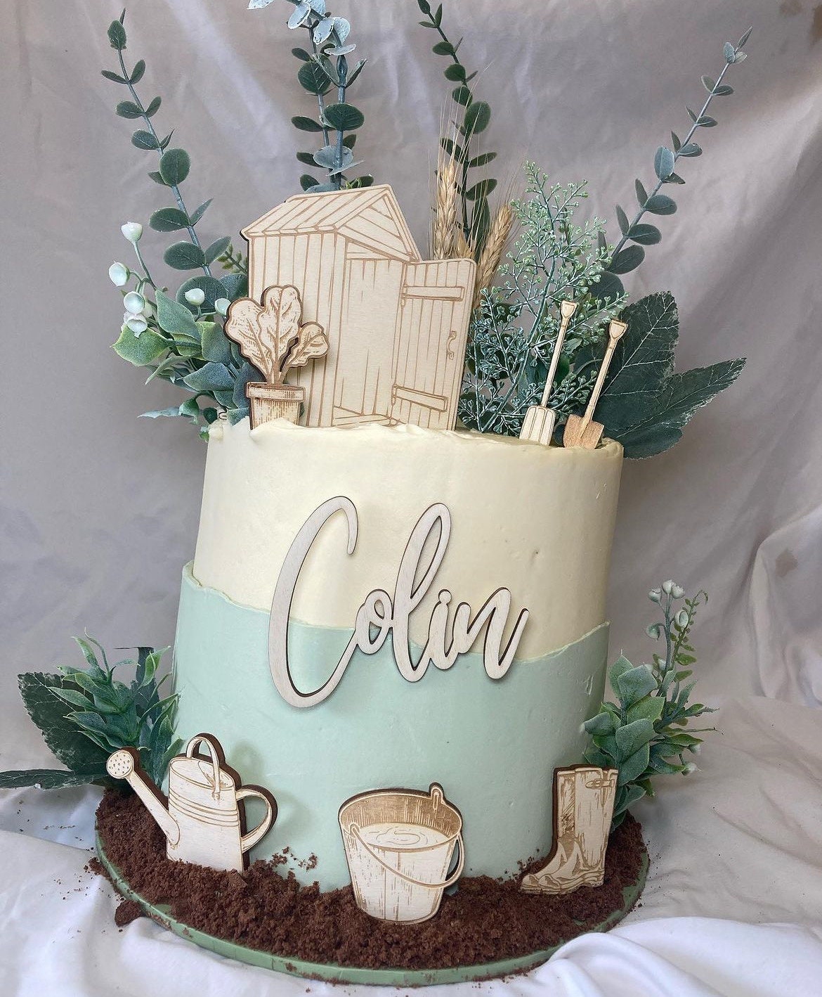 Gardening Theme With Shed & Tools Personalised | Wooden Cake Charm / Topper
