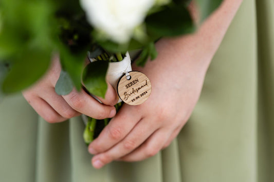 Personalised bridesmaid wedding bouquet tags. Wood and mirrored acrylic tags.