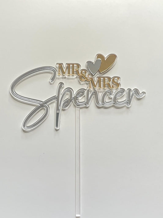 Mr and Mrs Name wedding cake topper. Mr and Mr. Mrs and Mrs. Gold and Silver acrylic.