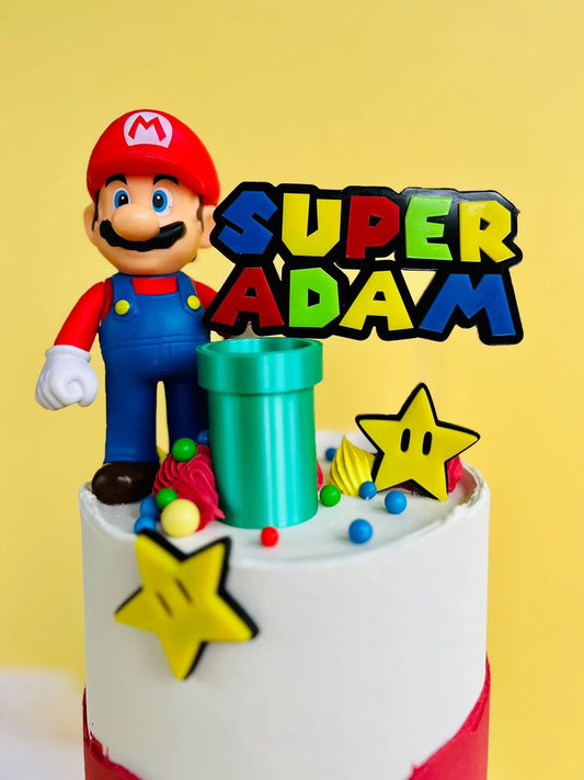 super game theme stars and pipes acrylic carm topper