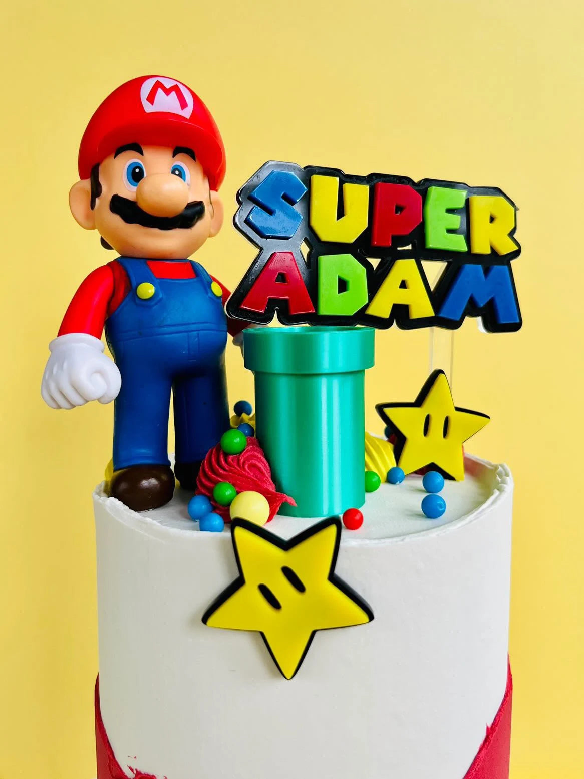 Super Game Theme With Stars And Green Pipes | Acrylic Cake Charm / Topper