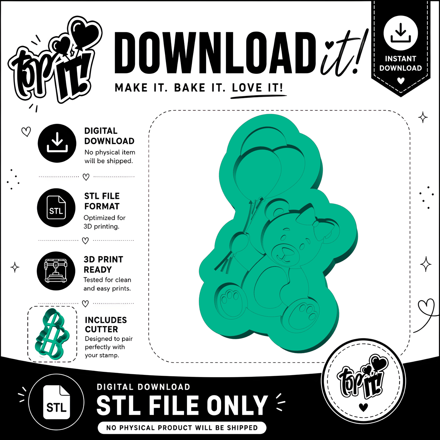 Teddy Bear With Bow And Balloons | Embosser And Cutter STL File