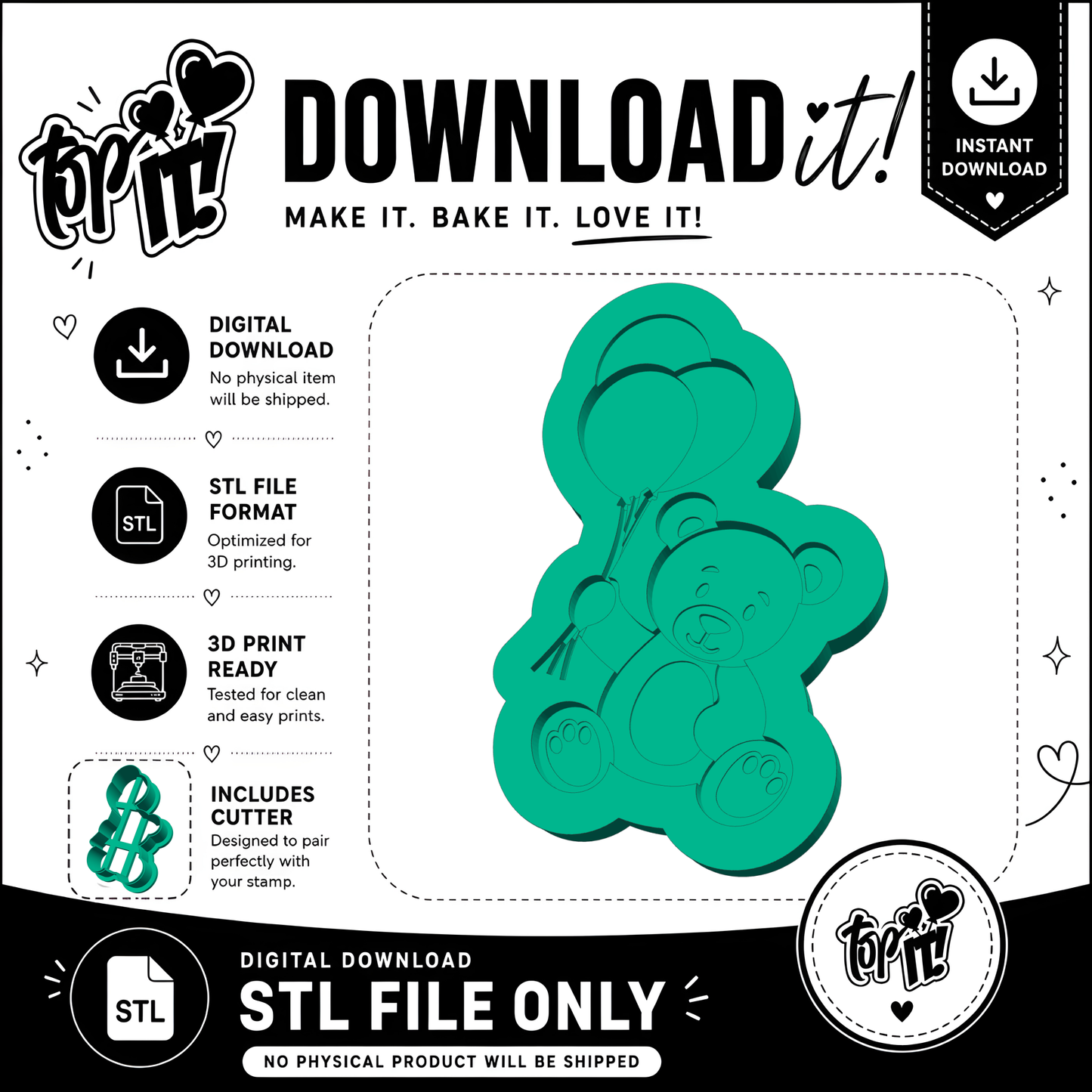 Teddy Bear With Balloons | Embosser And Cutter STL File